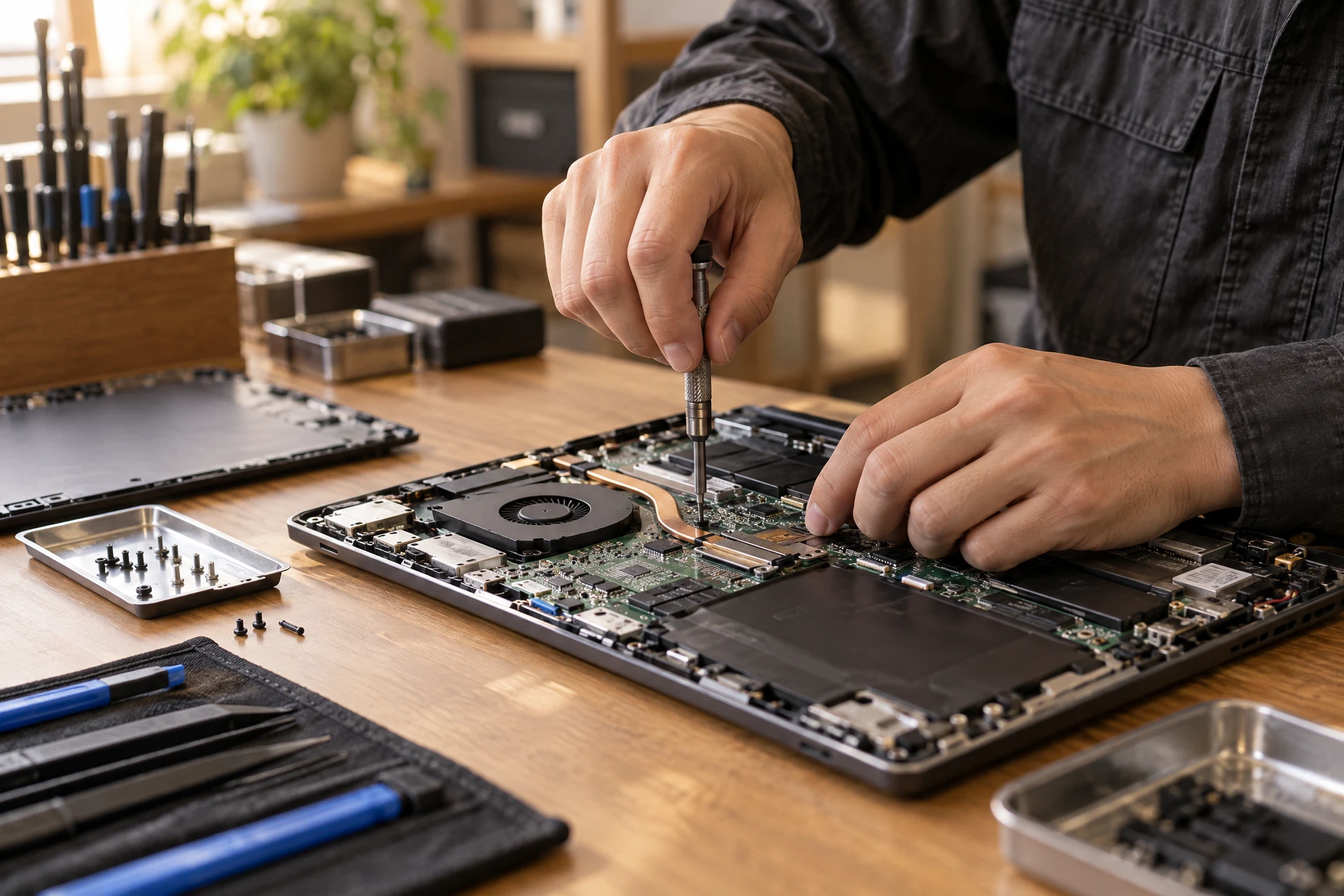専門スタッフがPC内部を丁寧に整備するイメージ